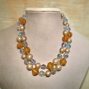 Vintage Rhinestone and Faux Pearl 2 strand Necklace Craft Read Full description